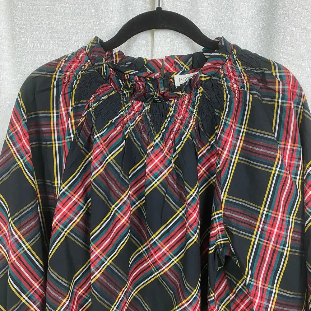 J.Crew Black&Red Holiday Plaid Puff Sleeve Blouse Sz.L NWT